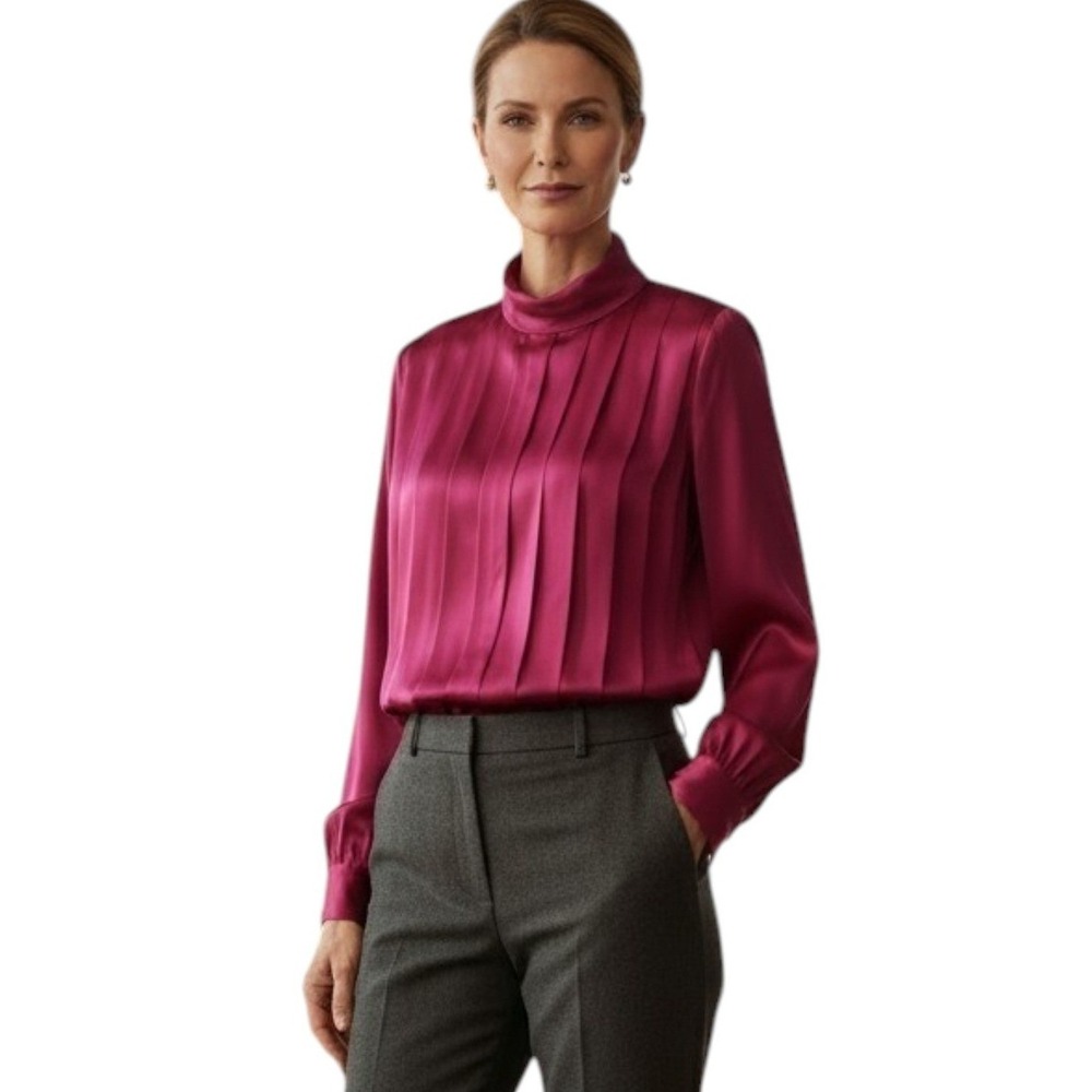 Talbots Vintage‎ 100% Silk Blouse Mock Neck Pleated Front Pink Career Size 10